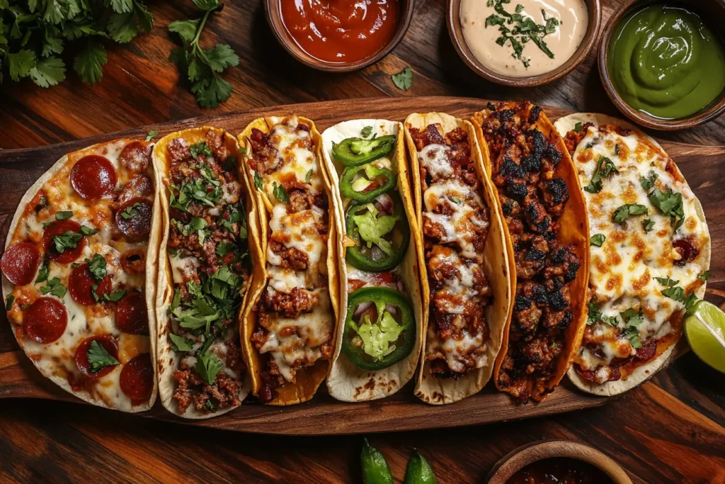 Creative Smash Burger Tacos with unique toppings on a wooden board