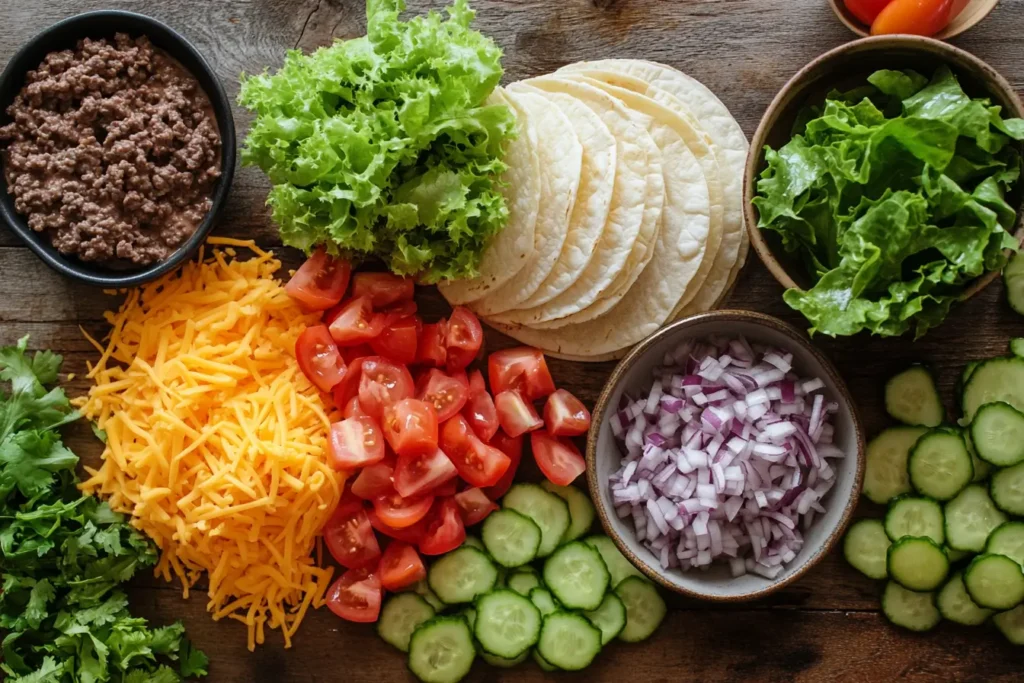 Fresh ingredients for Smash Burger Tacos on a wooden surface