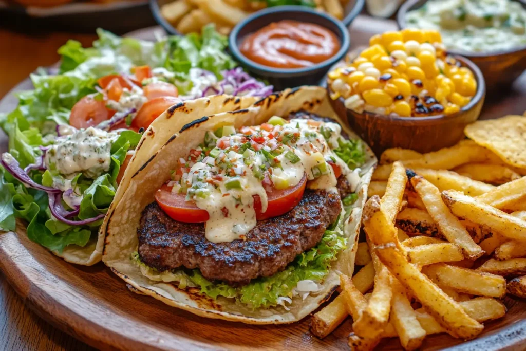 Smash Burger Tacos served with fries and fresh toppings on a wooden plate