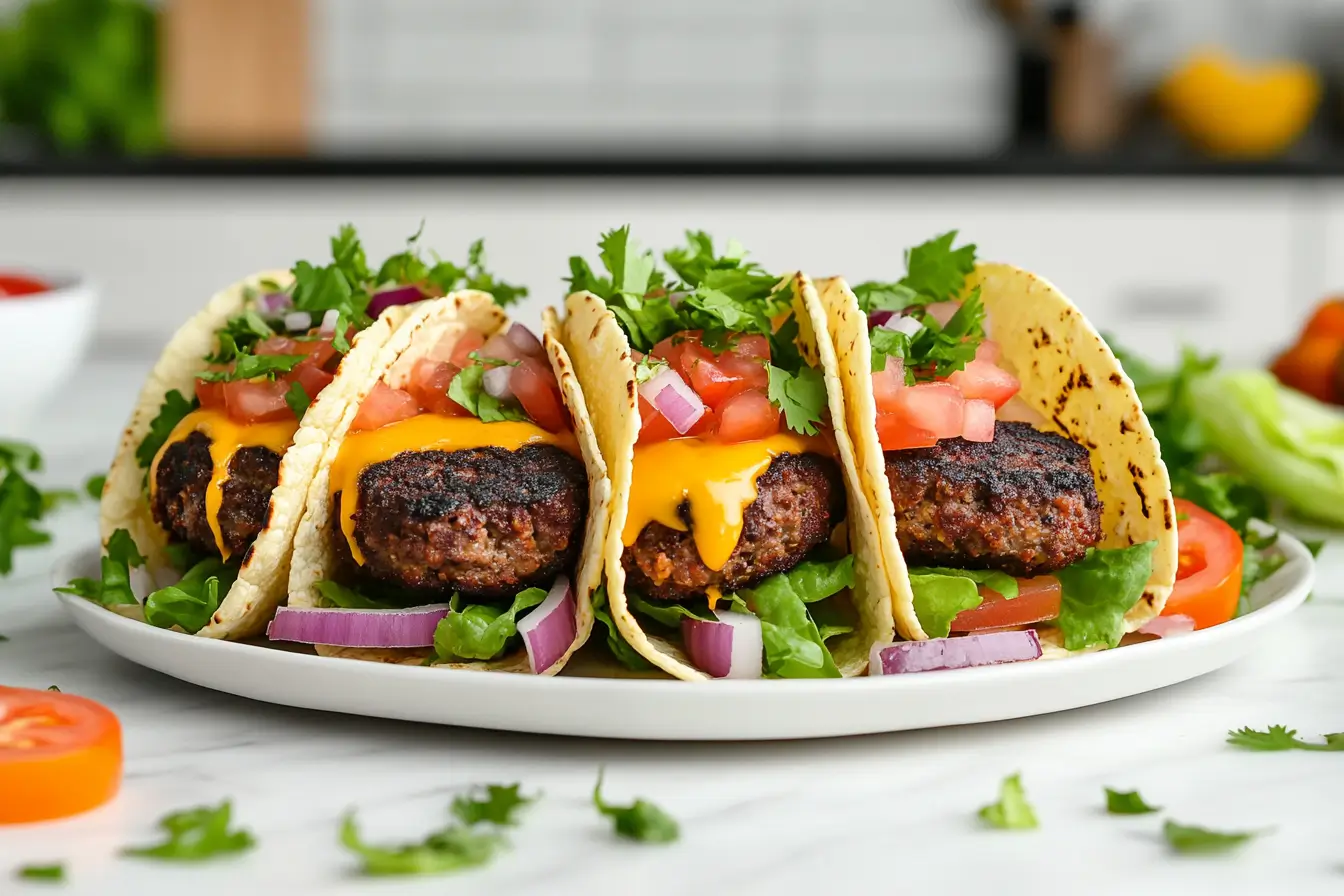 Smash Burger Tacos on a white plate with melted cheese and fresh toppings