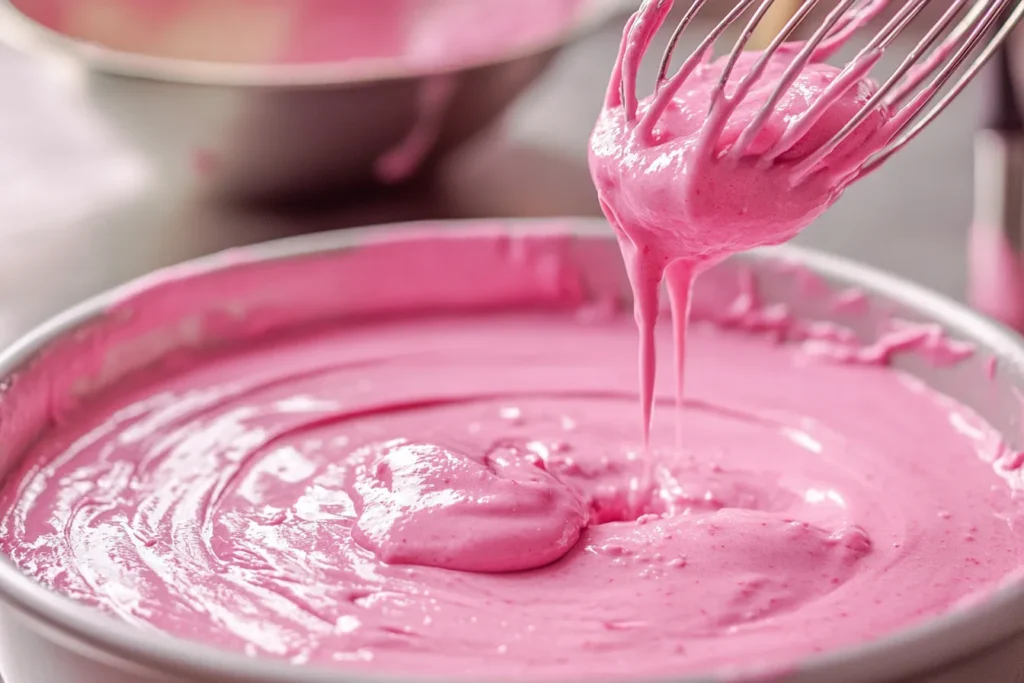 Pink strawberry cake batter in a mixing bowl.