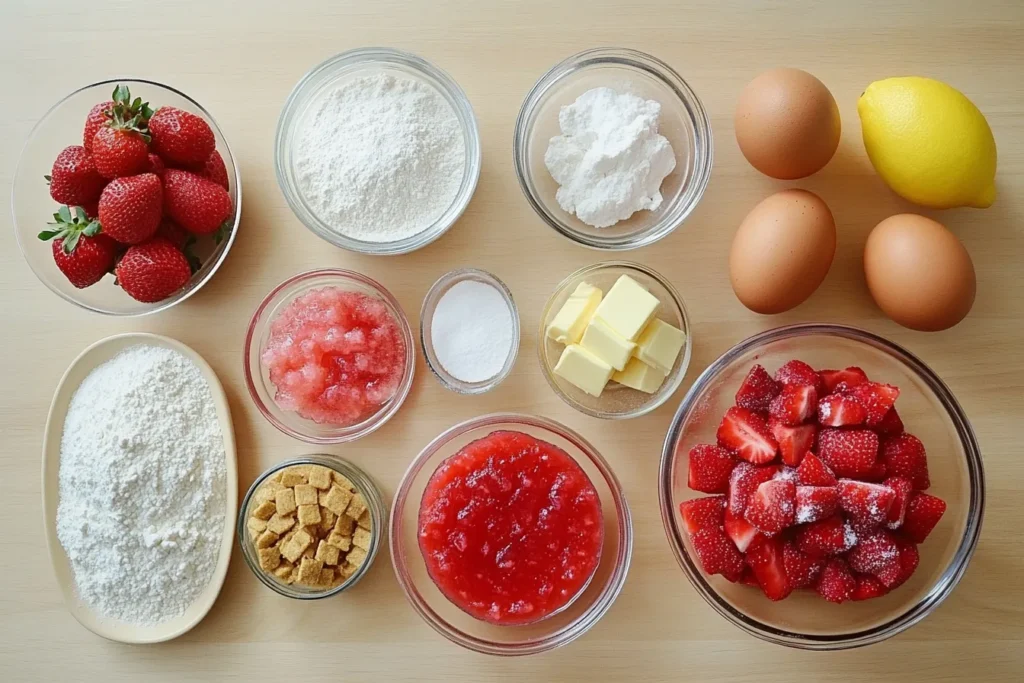 Ingredients for strawberry crunch cake arranged in bowls.