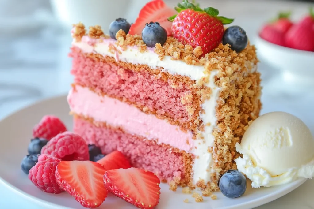 Strawberry crunch cake with fresh berries and vanilla ice cream.