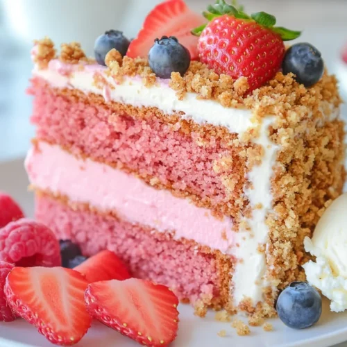 Strawberry crunch cake with fresh berries and vanilla ice cream.