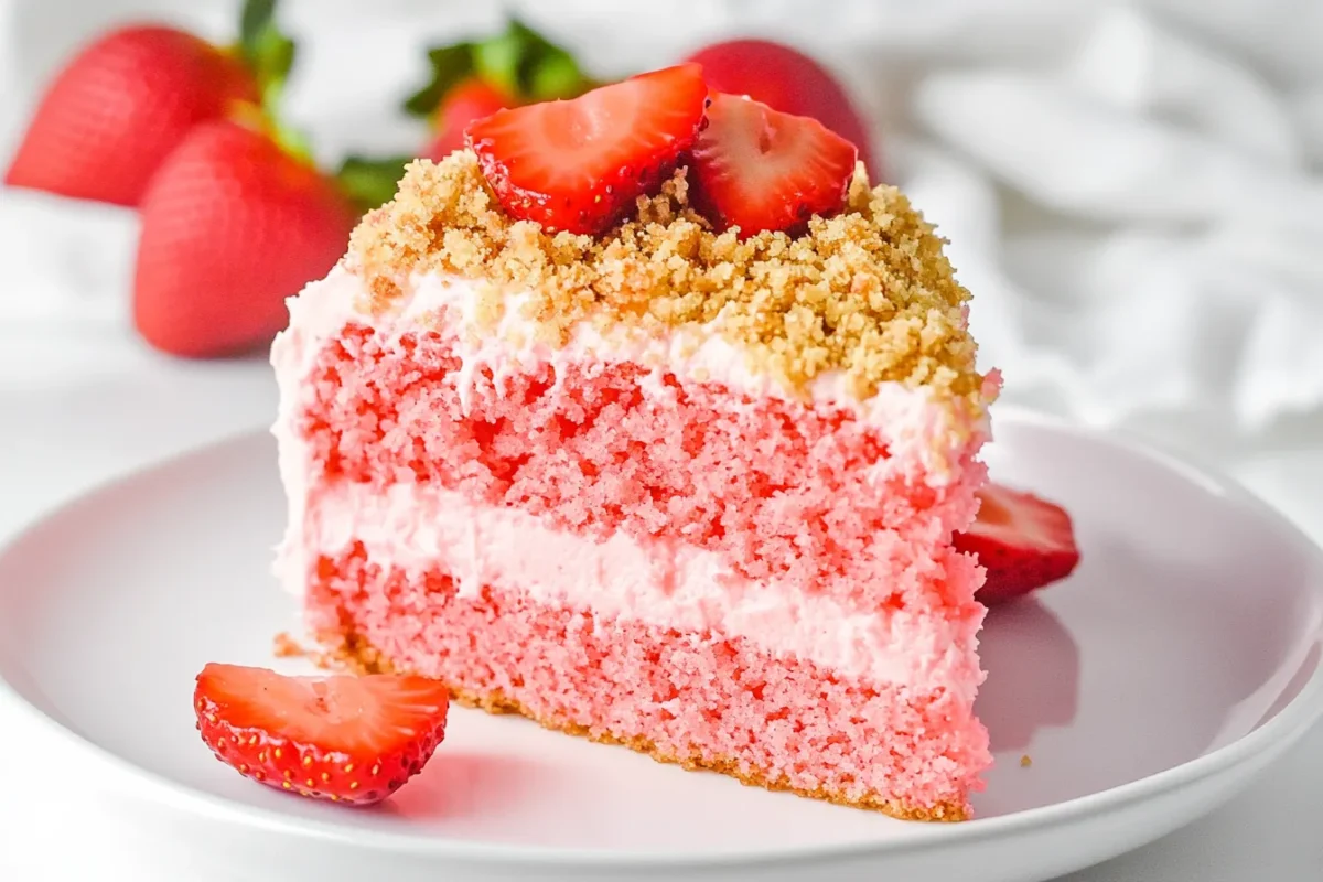 Slice of vibrant pink strawberry crunch cake with creamy frosting and golden crumble topping.