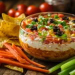 Taco dip recipe with tortilla chips, carrot sticks, and celery.