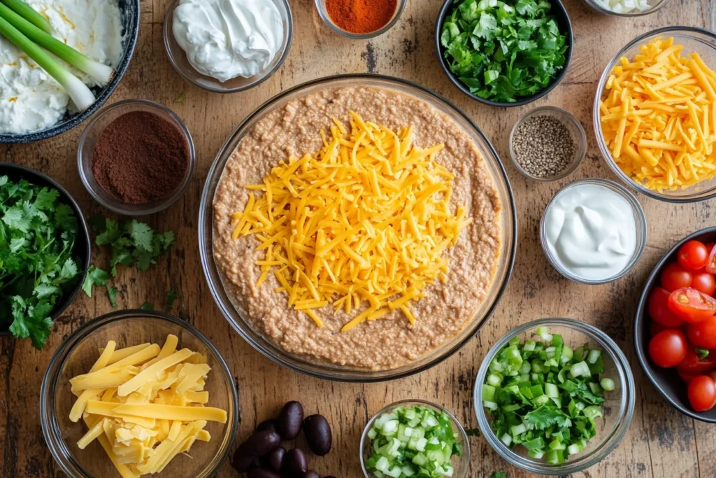 Ingredients for taco dip recipe with shredded cheese and toppings.