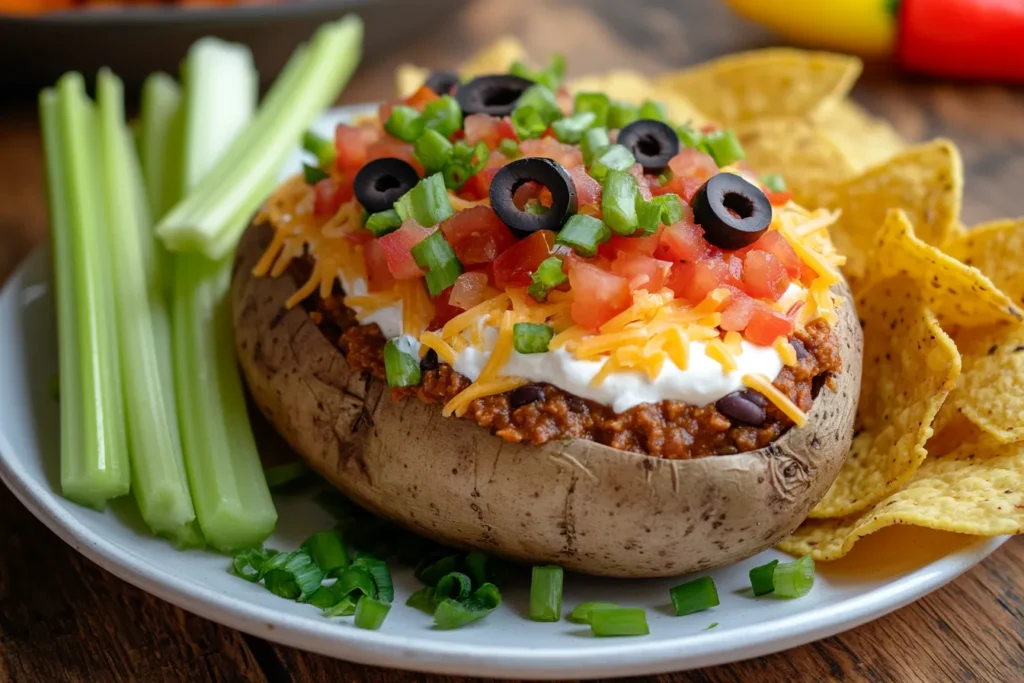 Taco dip served on a baked potato with celery sticks and tortilla chips.