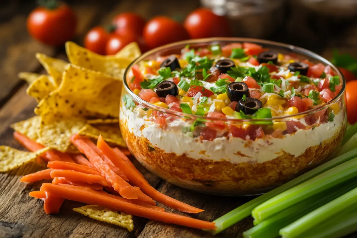 Taco dip recipe with tortilla chips, carrot sticks, and celery.