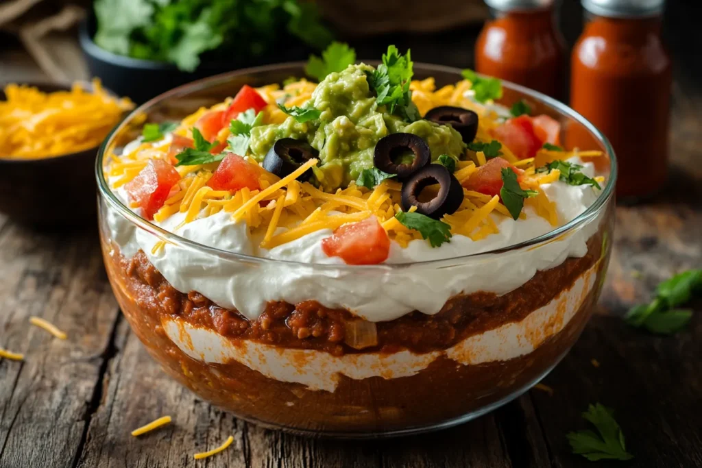 Taco dip with visible layers of guacamole, salsa, and sour cream.