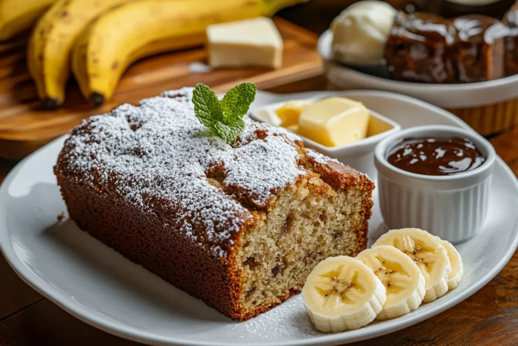 Served banana bread with powdered sugar, butter, and chocolate sauce.