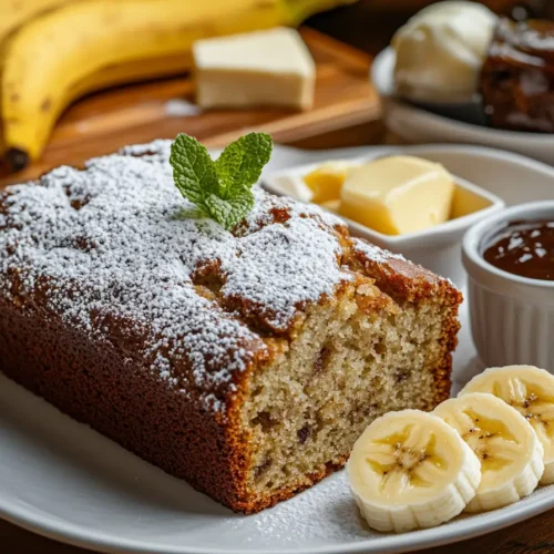 Served banana bread with powdered sugar, butter, and chocolate sauce.