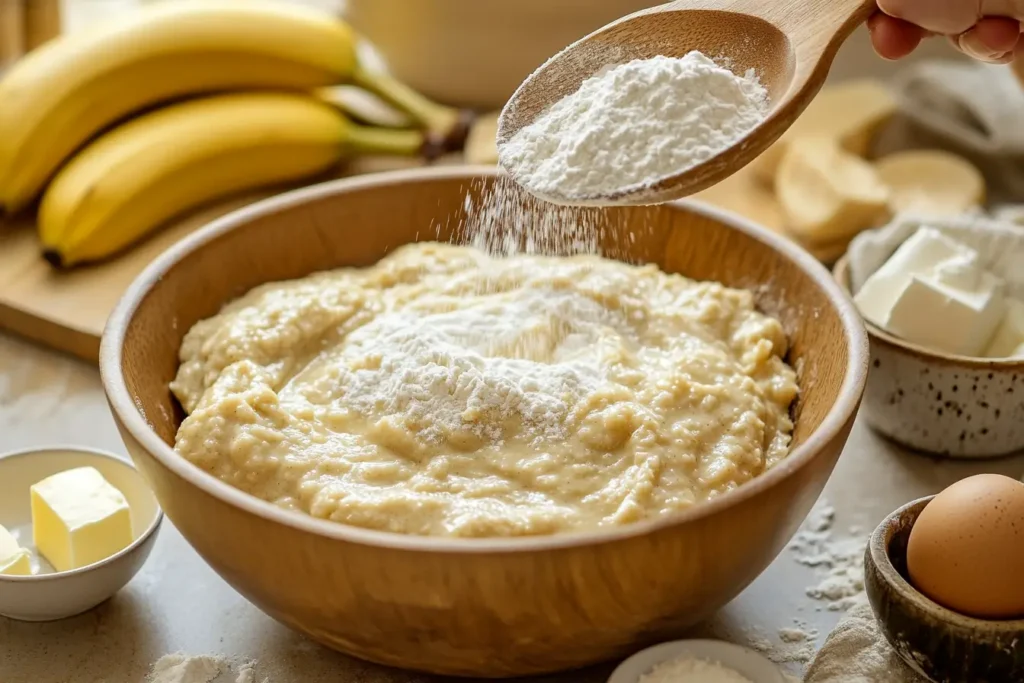 Adding flour to banana bread batter in a wooden bowl.