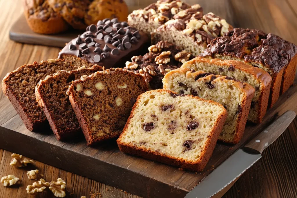 Variety of banana bread slices with chocolate chips and nuts.