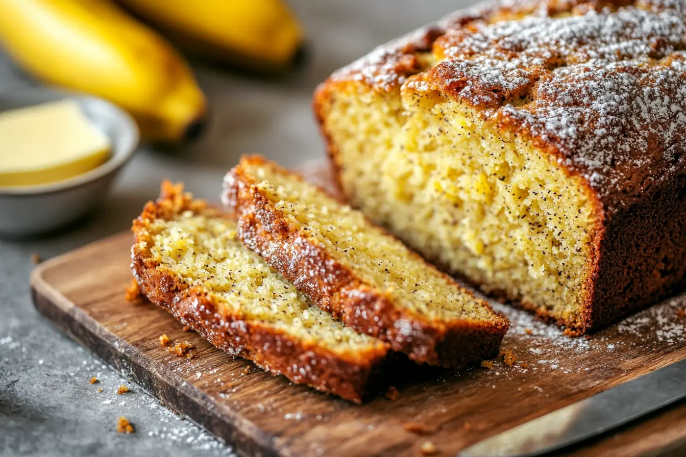 Moist 2 banana bread with a golden crust and powdered sugar on top.