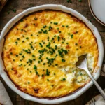 Baked Cottage Cheese Eggs in a white dish, garnished with chives.