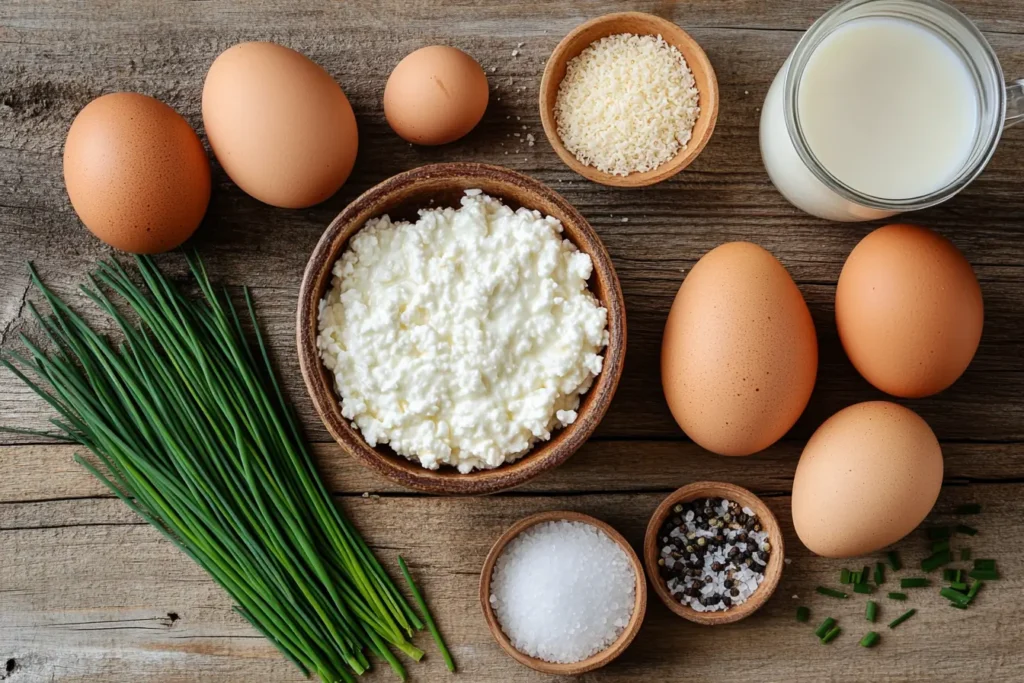 Ingredients for Baked Cottage Cheese Eggs, including eggs, cottage cheese, milk, chives, salt, and pepper.