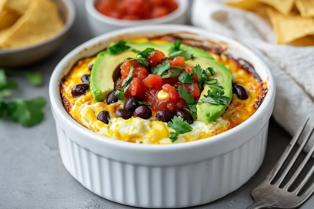 Spicy Southwest Baked Cottage Cheese Eggs topped with avocado, salsa, and black beans.