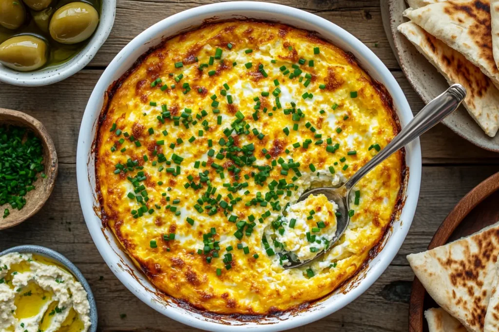 Mediterranean-style Baked Cottage Cheese Eggs garnished with chives, served with hummus, olives, and pita bread.