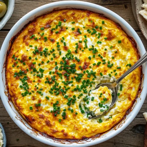 Mediterranean-style Baked Cottage Cheese Eggs garnished with chives, served with hummus, olives, and pita bread.