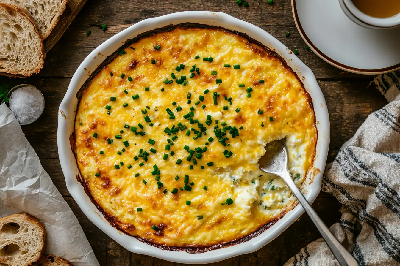 Baked Cottage Cheese Eggs in a white dish, garnished with chives.