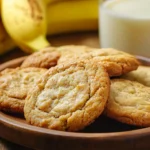 Freshly baked banana bread cookies on a wooden plate with ripe bananas and milk in the background.