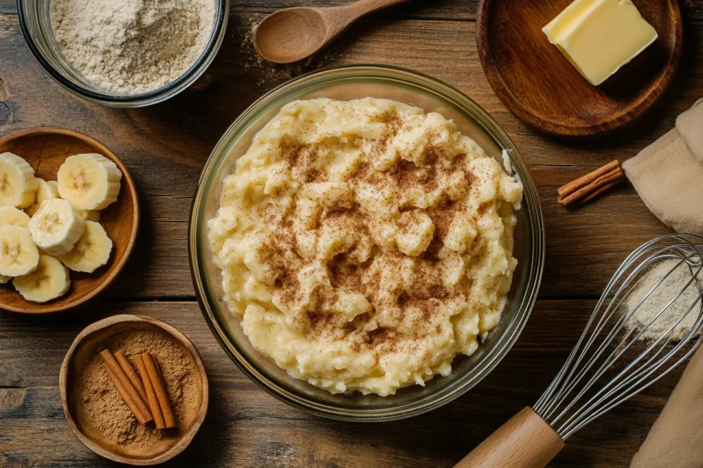 Banana bread cookie ingredients with mashed bananas, cinnamon, and flour.