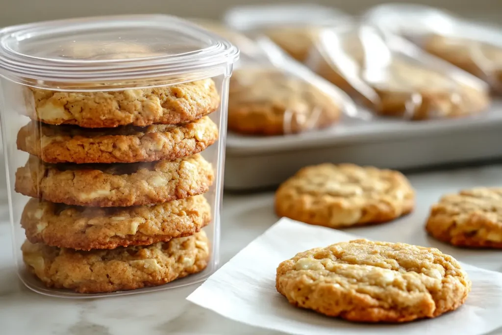 Stored banana bread cookies in an airtight container for freshness.