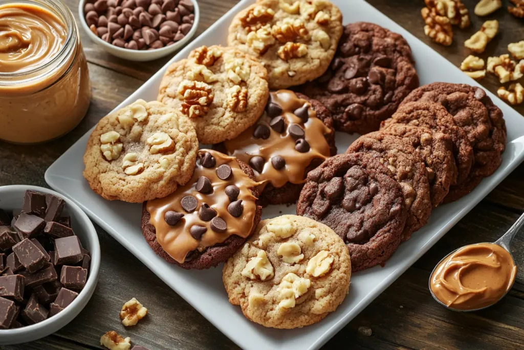 Variety of banana bread cookies with chocolate chips, walnuts, and peanut butter toppings.