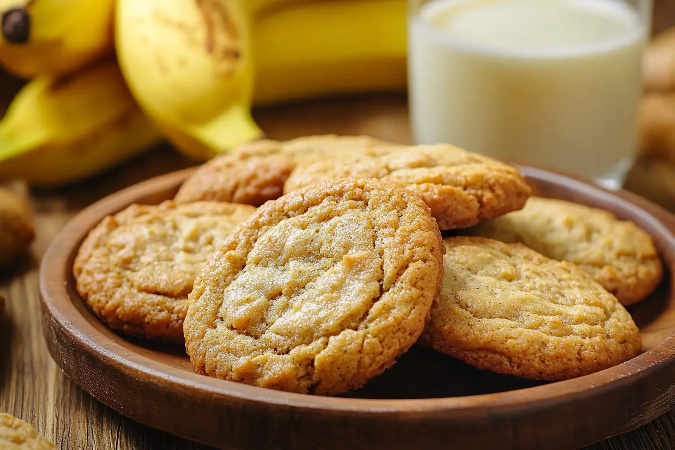 Freshly baked banana bread cookies on a wooden plate with ripe bananas and milk in the background.