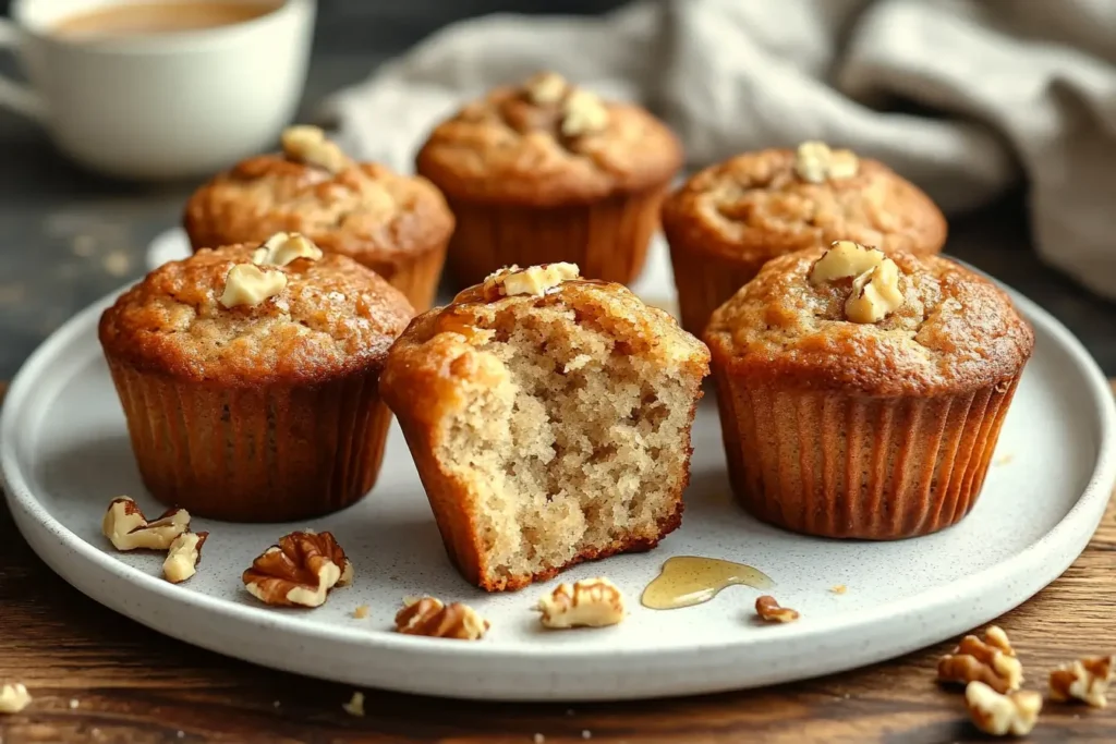 Gluten-free banana muffins with walnuts on a plate, with one muffin cut in half showing its moist texture