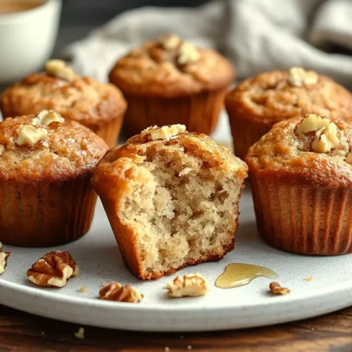 Gluten-free banana muffins with walnuts on a plate, with one muffin cut in half showing its moist texture