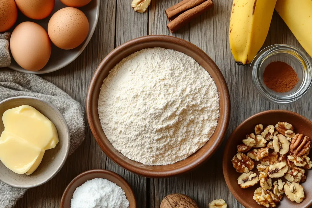 Gluten-free banana muffin ingredients including flour, eggs, butter, bananas, cinnamon, and walnuts on a wooden surface.