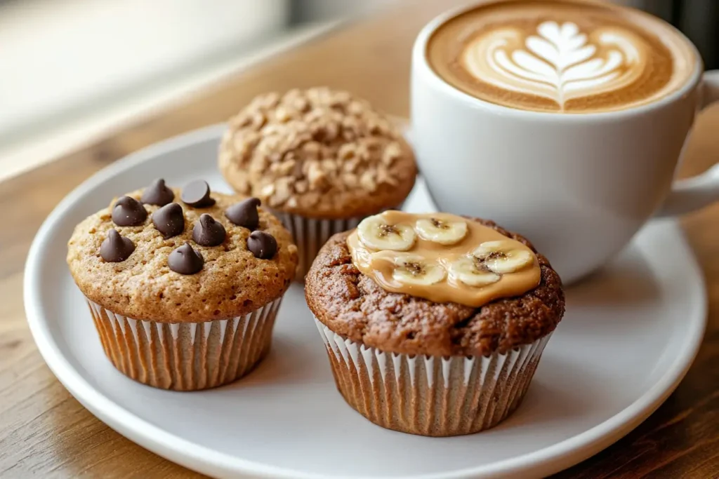 Gluten-free banana muffins with chocolate chips, peanut butter, and oat topping served with a cup of coffee.