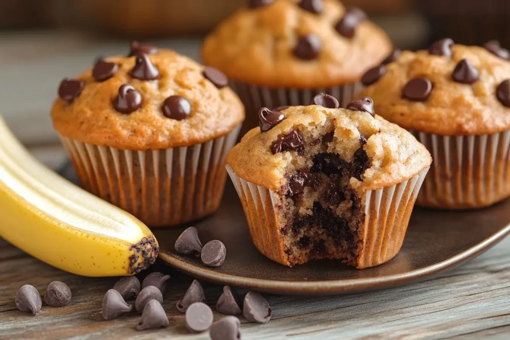 Gluten-free banana muffins with chocolate chips on a plate, with one muffin cut open showing its moist interior.