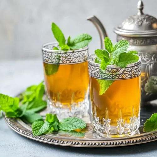 Traditional Moroccan mint tea served in ornate glasses on a silver tray