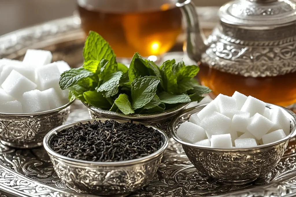 Moroccan mint tea ingredients in silver bowls on a decorative tray