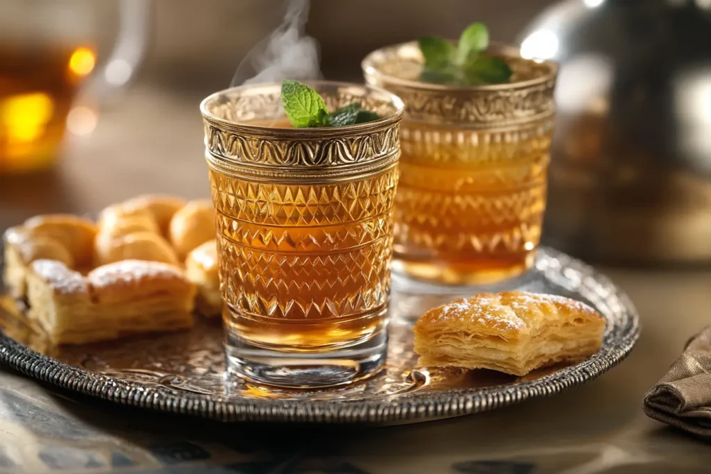 Moroccan mint tea served with pastries on a silver tray