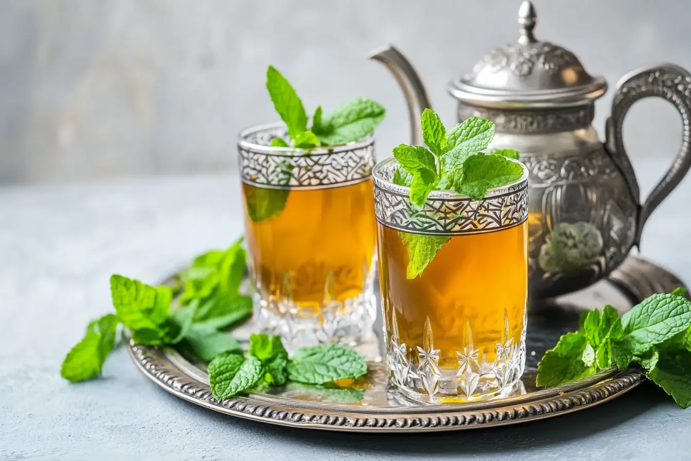 Traditional Moroccan mint tea served in ornate glasses on a silver tray