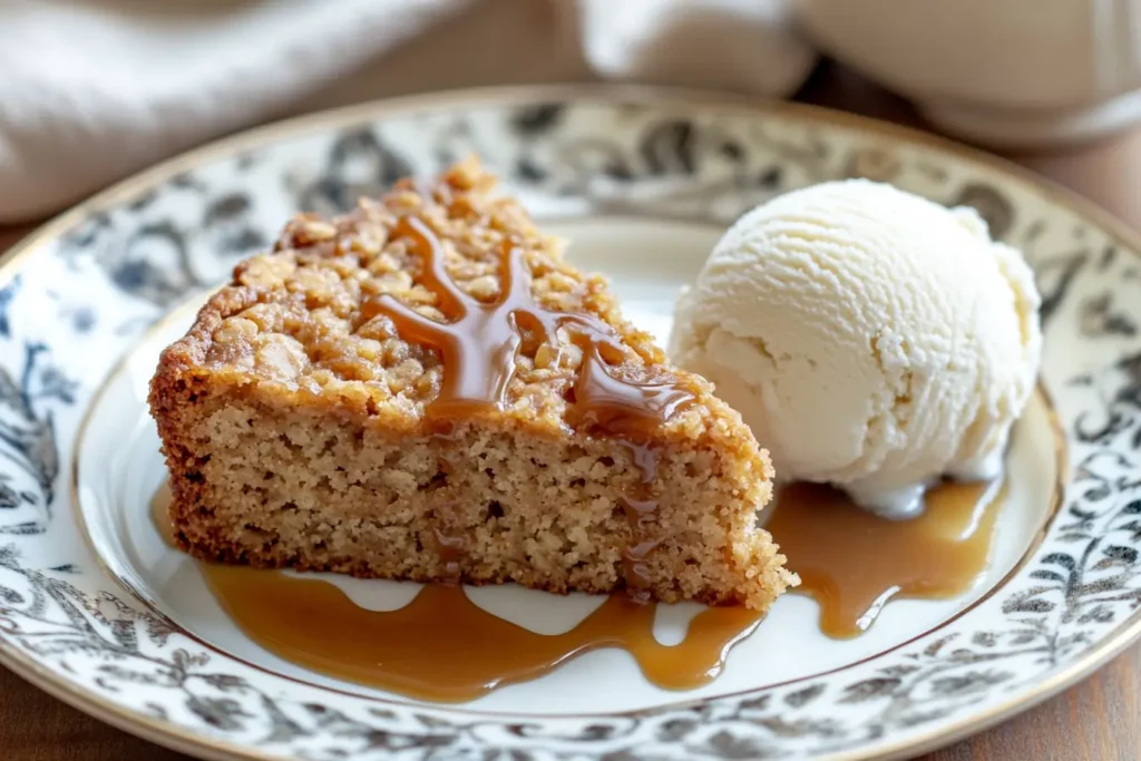 Oatmeal cake with caramel drizzle and vanilla ice cream