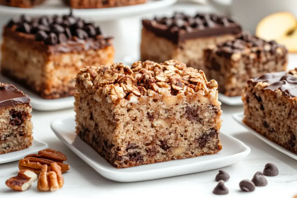 Oatmeal cake variations with chocolate chips and nuts on white plates