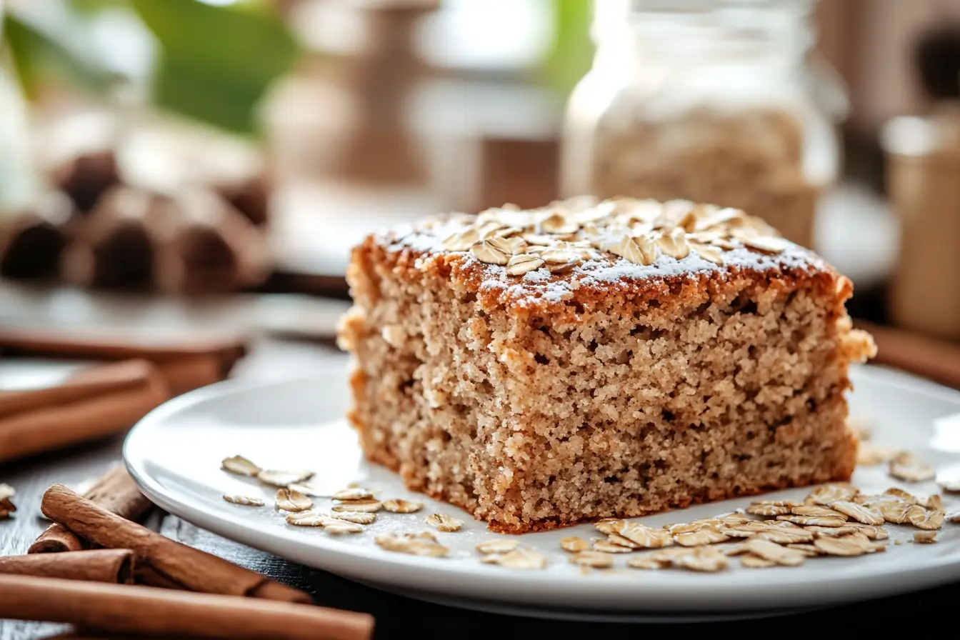 Homemade oatmeal cake slice on a white plate with cinnamon and oats