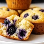 Close-up of sourdough blueberry muffins with a golden crust and juicy blueberries inside.