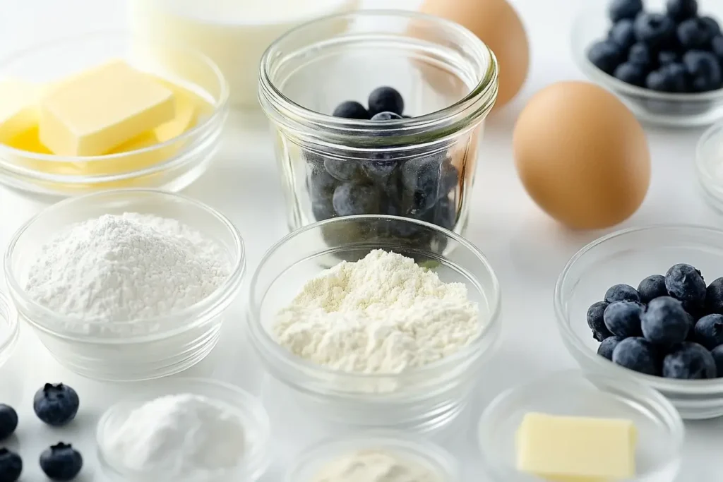 Ingredients for sourdough blueberry muffins neatly arranged in glass bowls.