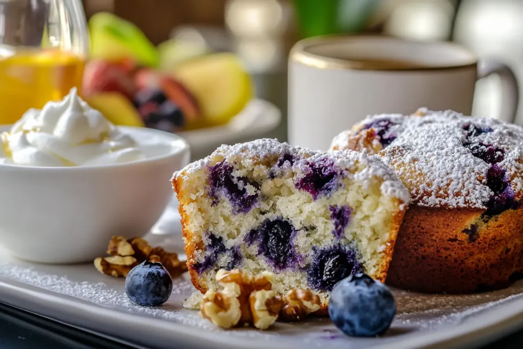 Sourdough blueberry muffins served with Greek yogurt, walnuts, and coffee.