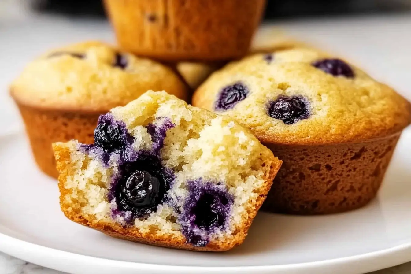 Close-up of sourdough blueberry muffins with a golden crust and juicy blueberries inside.