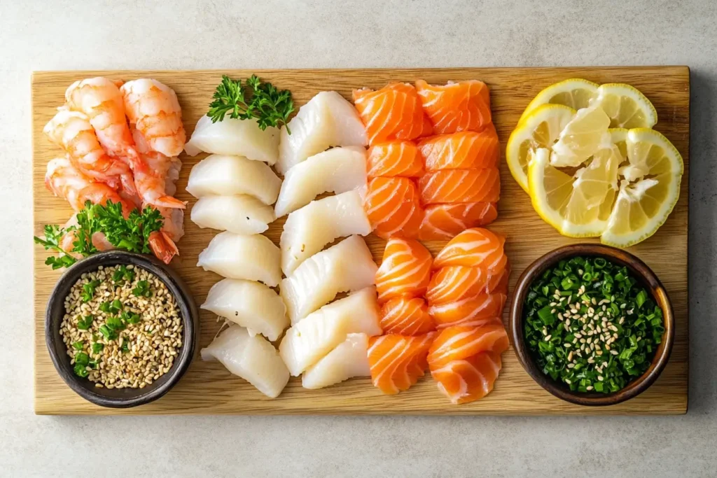 Alternative seafood options for sushi bake, including shrimp, scallops, and salmon