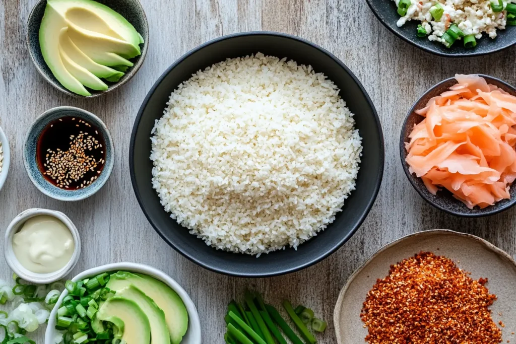 Sushi bake recipe ingredients including sushi rice, avocado, soy sauce, and furikake