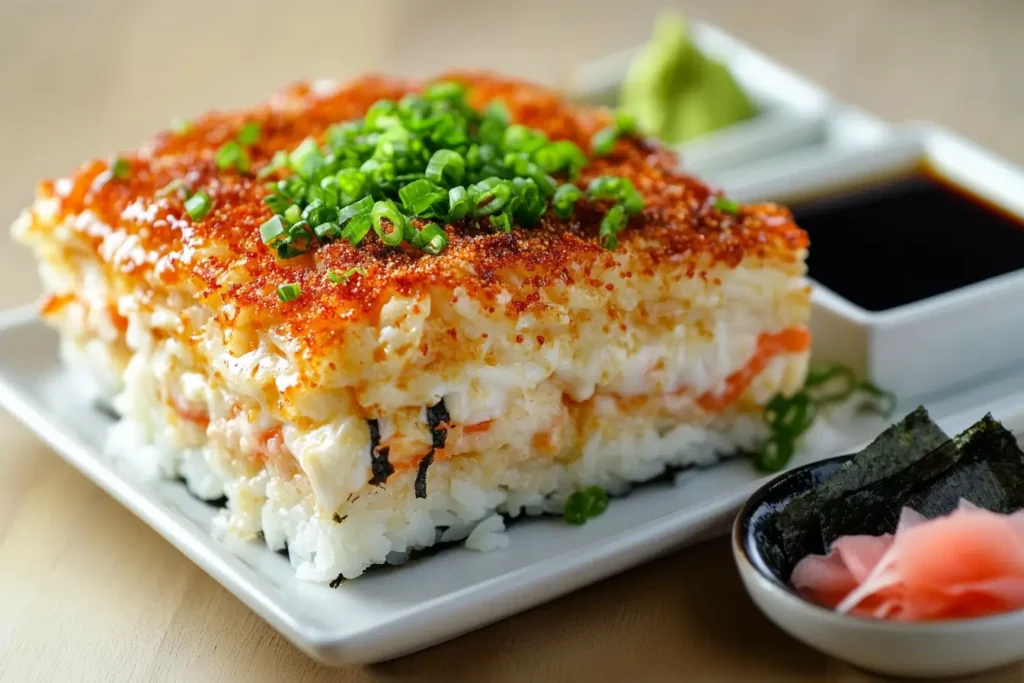 Sushi bake recipe serving with crispy topping and green onions