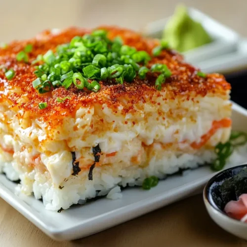 Sushi bake recipe serving with crispy topping and green onions